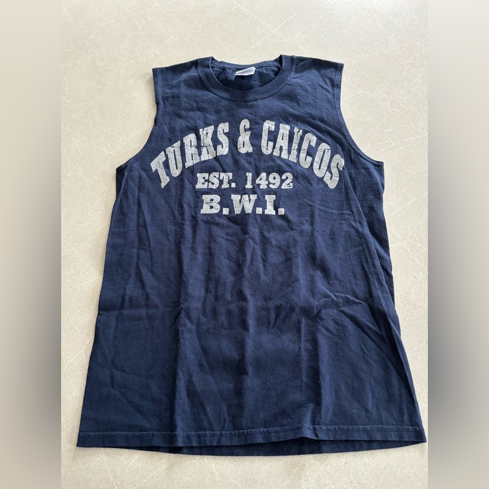 Gildan Navy Turks & Caicos Graphic Tank Top Souvenir Crewneck Ultra Cotton Sz. S